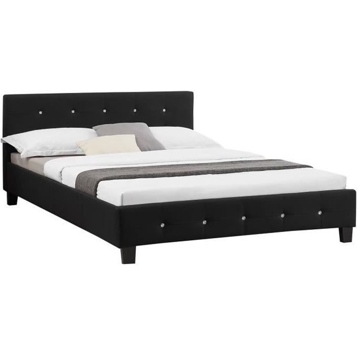 Lit double pour adulte JOSY avec sommier 140x190 cm 2 places / 2 personnes, tête et pied de lit capitonnés avec strass en tissu noir