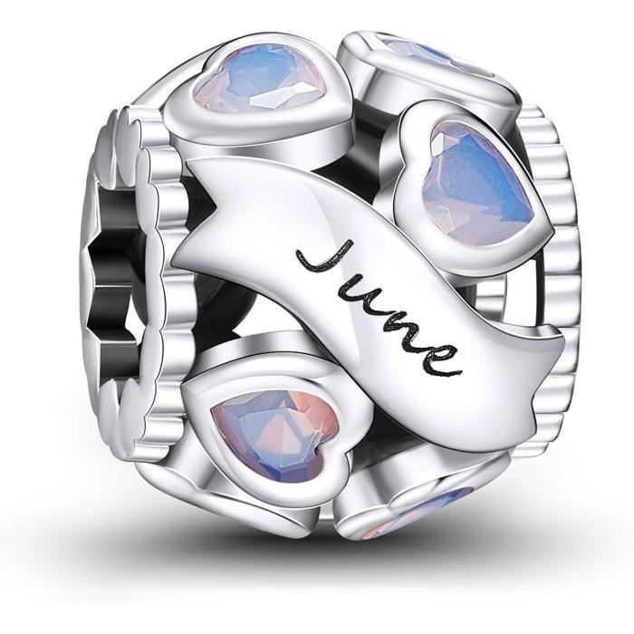 NINGAN Juin Pierres de Naissance Amour Coeur Charmes Ajouré Perle s'adapte aux Bracelets et Colliers Pandora pour Femmes