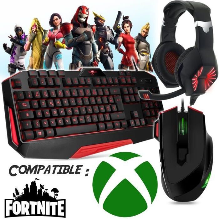 Pack gamer Clavier, Souris, casque et tapis compatible Fortnite XBOX ONE et d'autres jeux...