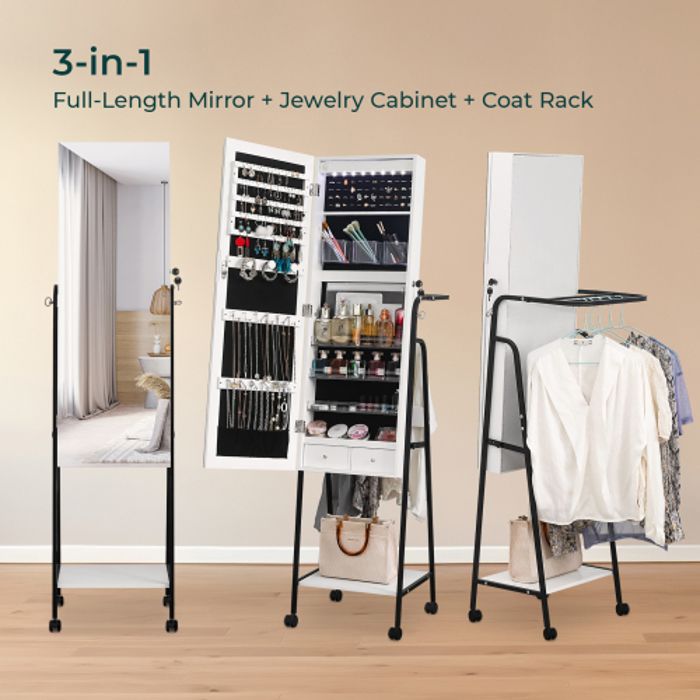 3-in-1 armoire à bijoux,avec tringle à vêtements rétractable, roulettes et étagère - 4 angles réglables - blanc