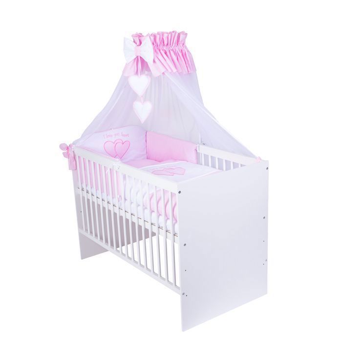 KMBaby Lit Bébé Tany Blanc 120x60 cm Avec Matelas et Parure 11 Pièces Rose Cœurs - 3 Hauteurs - Pin et MDF