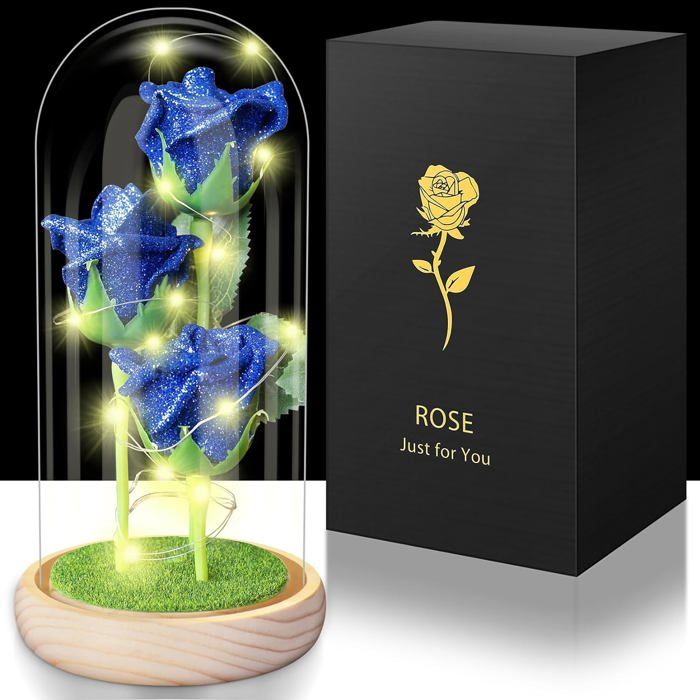Rose éternelle violette personnalisée sous cloche en verre avec lumière LED pour des grands-parents