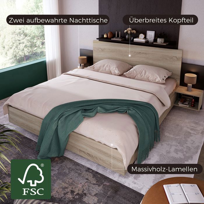 Lit adulte lit double lit en bois avec 2 tables de nuit Ensemble de chambre - gris foncé 160 x 200 cm