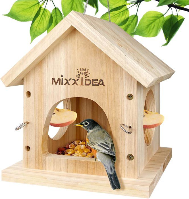 Comparer les prix de Mangeoire à oiseaux multifonction en bois de cèdre à suspendre,facile à nettoyer et à remplir (couleur bois)