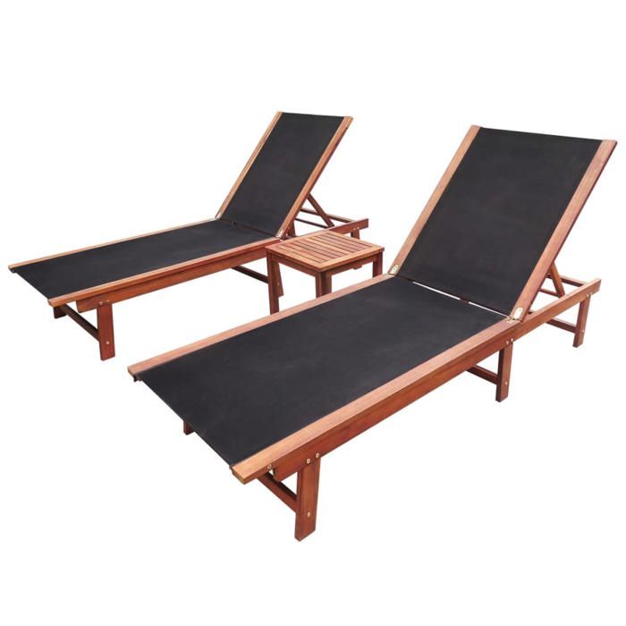 vidaXL Lot de 2 Chaises Longues et Table Bain de Soleil Transat de Terrasse Siège de Jardin Patio Extérieur Bois 273752