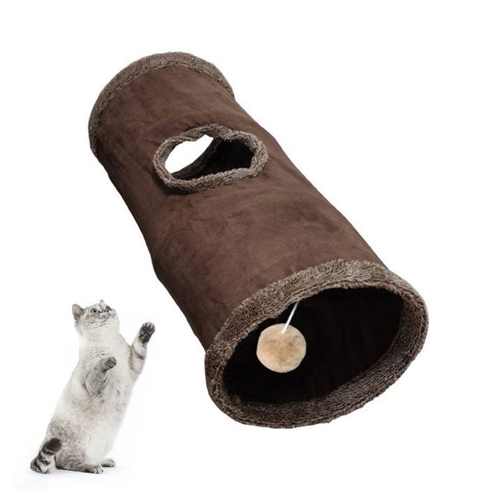 PawHut - Tunnel à Chat Intérieur Avec 2 Niches En Sisal Et Balle Suspendue - Jouet Interactif Pour Chat, Dimensions 98x30x30 Cm