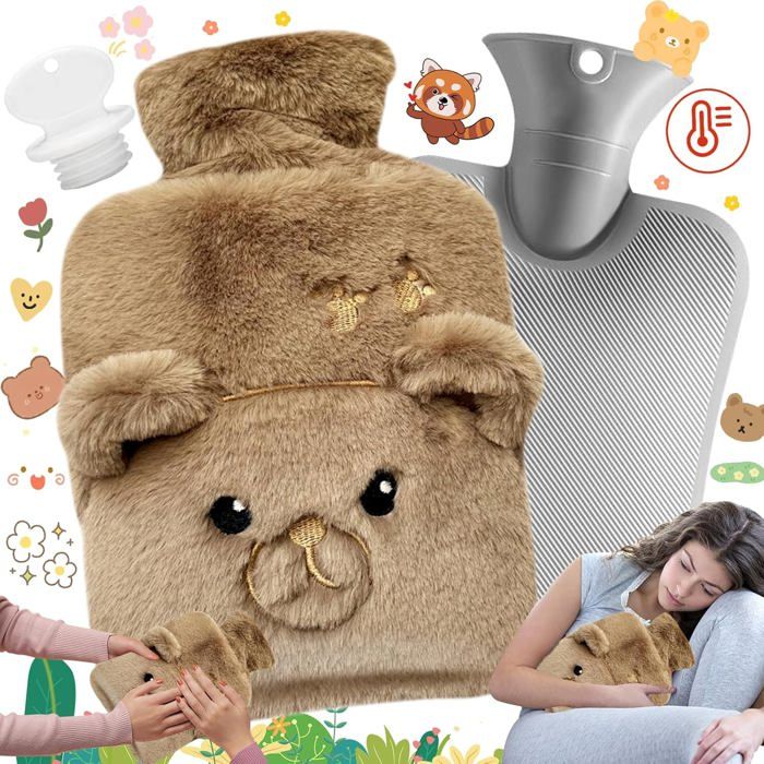 Bouillotte Peluche Ours Brun 1L - Housse Amovible - Thérapie Chaleur - Pour Dos, Ventre, Pieds