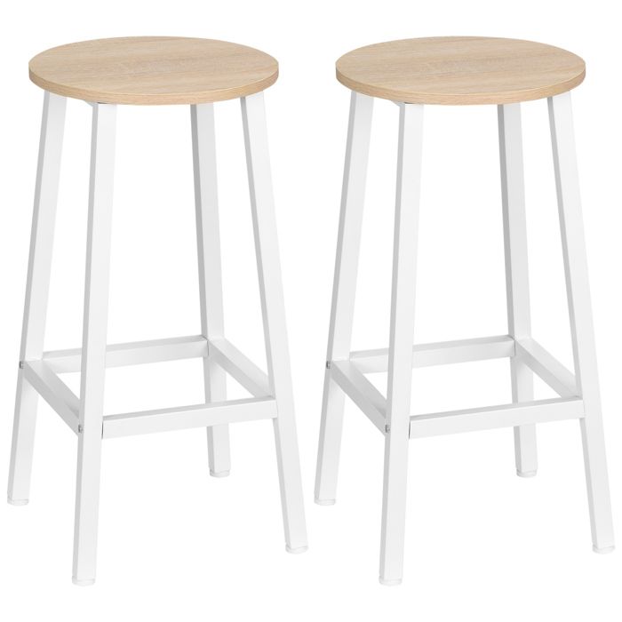 Lot de 2 tabourets de bar - HOMCOM - style moderne - hauteur 65 cm - repose-pieds - blanc et aspect bois