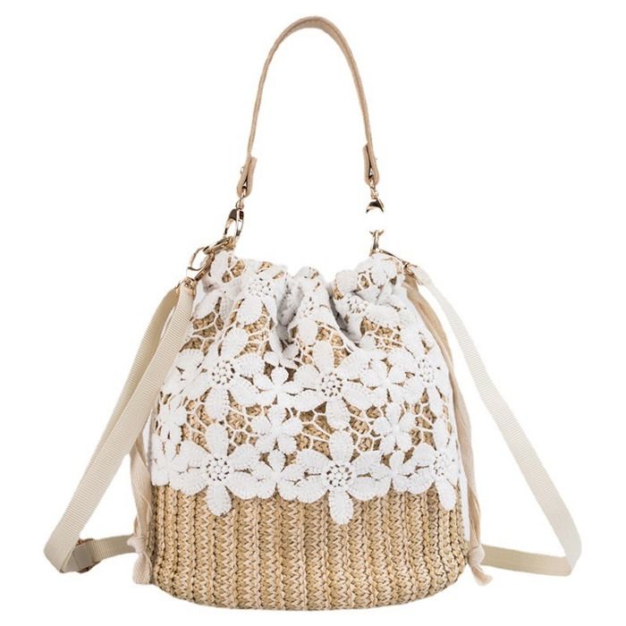 Sac seau en paille tressée et dentelle pour femme sac fourre-tout décontracté pour les vacances la plage élégant à bandouliè