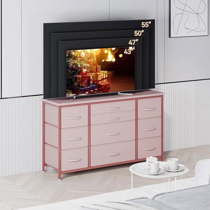Commode à 10 Tiroir en Tissu Commode De Chambre Meuble TV avec Station De Charge Meuble De Rangement pour Salon (Rose)