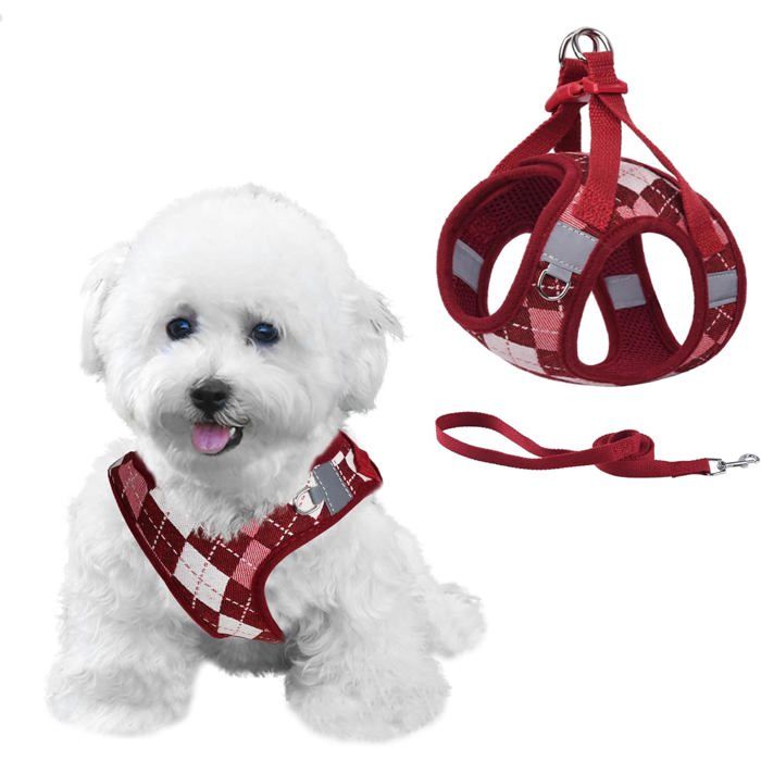 Meilleurs prix pour Harnais Chien Anti-Fuite Anti-Traction,Carreaux Harnais pour Petit Chien avec Laisse Réglable Respirante,Sécurité,Rouge XXS
