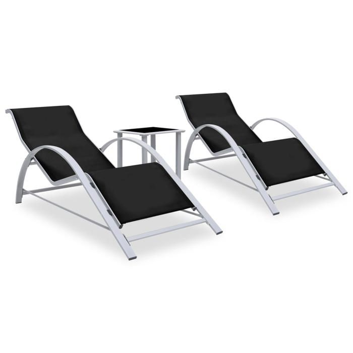 NEW 2025 Transats/ Chaises longues - lot de 2 - avec table aluminium noir @@1999