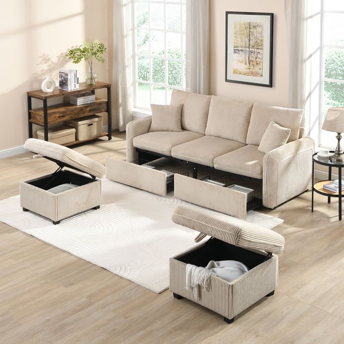Canapé dangle multifonctionnel 3 placesRangement Tiroirs et PoufsFonction Couchage Tissu ChenilleBeige