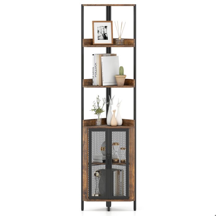 Bibliothèque dAngle à 6 Niveaux COSTWAY Portes Meuble de Rangement Industriel pour Salon Chambre Cuisine Marron rustique et noir