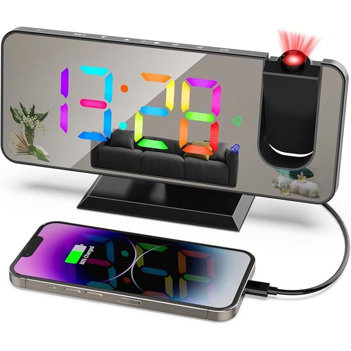 LATEC Réveil numérique avec LED température Affichage Horloge avec 10 Sons d 'alarme Port de Charge USB gradateur de luminosité réglable à sonnelle Alarme Miroir Portable avec Double Alarme