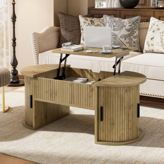 Table Basse Relevable - 100x50x40 5 cm - Plateau Ajustable et Rangements - Design Ovale - Chêne Clair et Noir