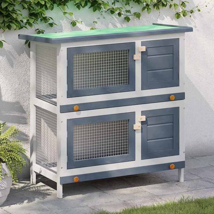 Clapier dextérieur - Maison Exclusive - 2 étages - 2 plateaux coulissants - Gris/blanc 90x45x90 cm