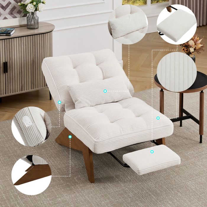Fauteuil inclinable réglable 127x90x73 cm avec repose-pieds fauteuil de détente pour chambre à coucher fauteuil de lecture blanc
