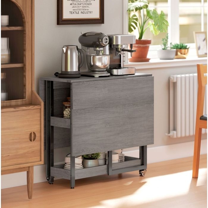 Table à manger pliante grise 1334 x 80 x 75 cm 2 étagères ouvertes mobile sur roulettes