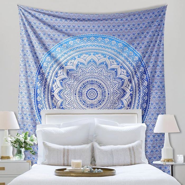 Hippie Ombre Mandala Tissu Murale Tapisserie Bleu et Blanc - 140x210 cm Boho Bohemian 140L x 210l cm Bleu et blanc