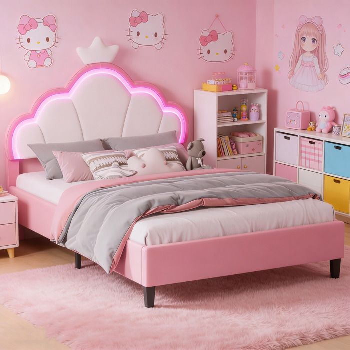 Lit Enfant Fille 140x190cmLits Princesse LED RGBTête de Lit CapitonnéCadre de Lit Enfant avec Sommier LattesVelours Rose