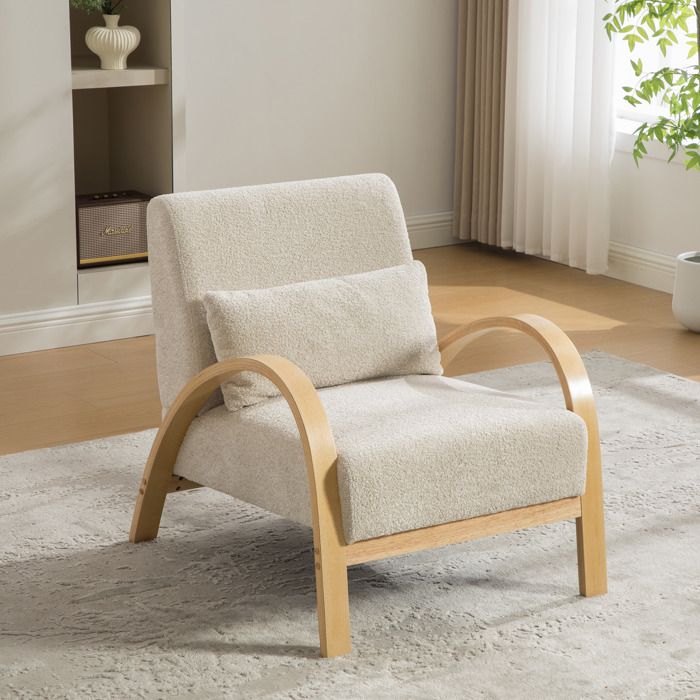 Fauteuil de salon - Fauteuil de Relaxation - Accoudoirs Courbés en Bois - Style Moderne - 70x82x80cm Beige