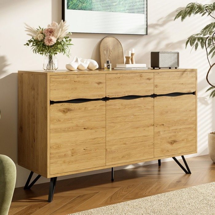 Buffet - Zephmum - 3 portes bois pieds métal grand rangement pour salon salle à manger couloir