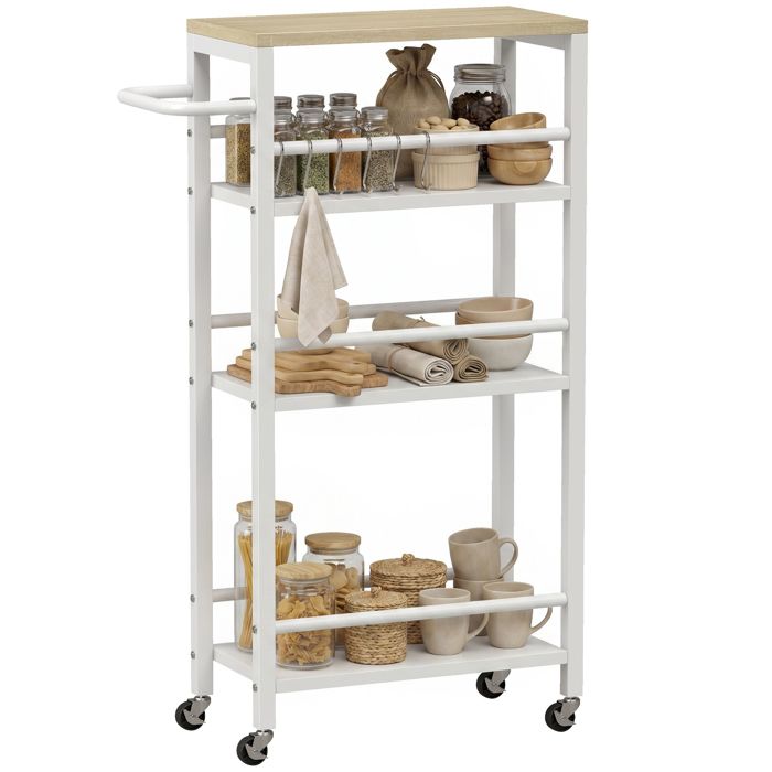 Desserte cuisine - HOMCOM - 4 niveaux - sur roulettes - porte-serviettes et 6 crochets - bois - 50 x 20 x 81 cm - chêne Desserte cuisine - HOMCOM - 4 niveaux - sur roulettes - porte-serviettes et 6 crochets - bois - 50 x 20 x 81 cm - chêne