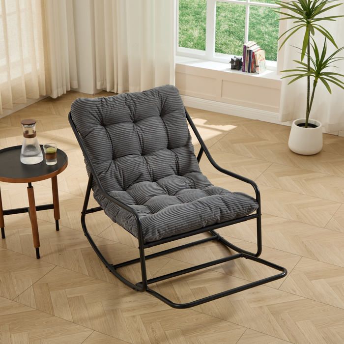 Fauteuil à Bascule d’Extérieur avec Coussin Épais Réglable - YEAVIO - en Acier Gris et Noir 75 × 116 × 82 cm