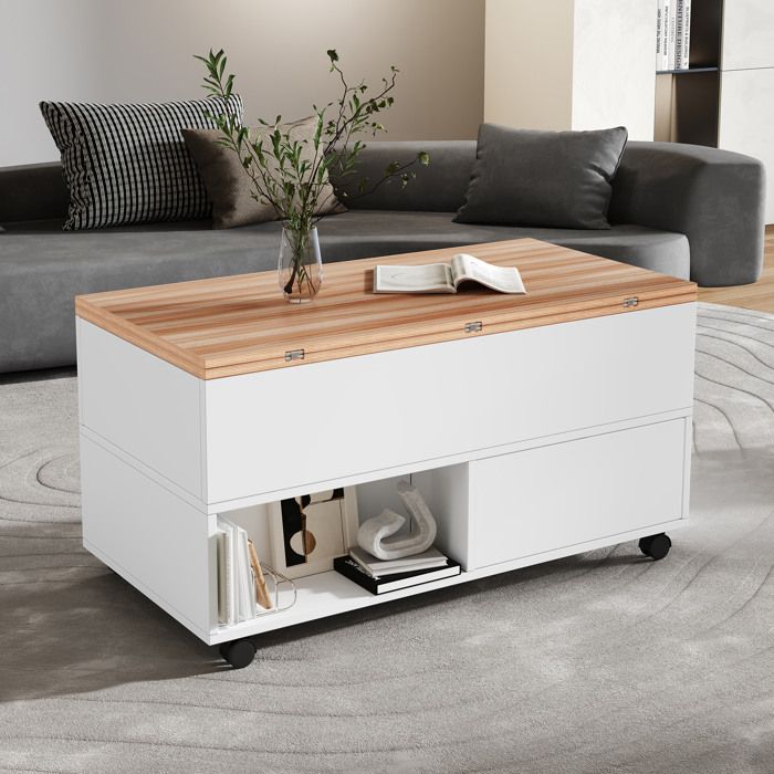 WUVRIE Table basse relevable à roulettes 4 tiroirs 2 compartiments blanc aspect bois 100 x 50 x 52 cm