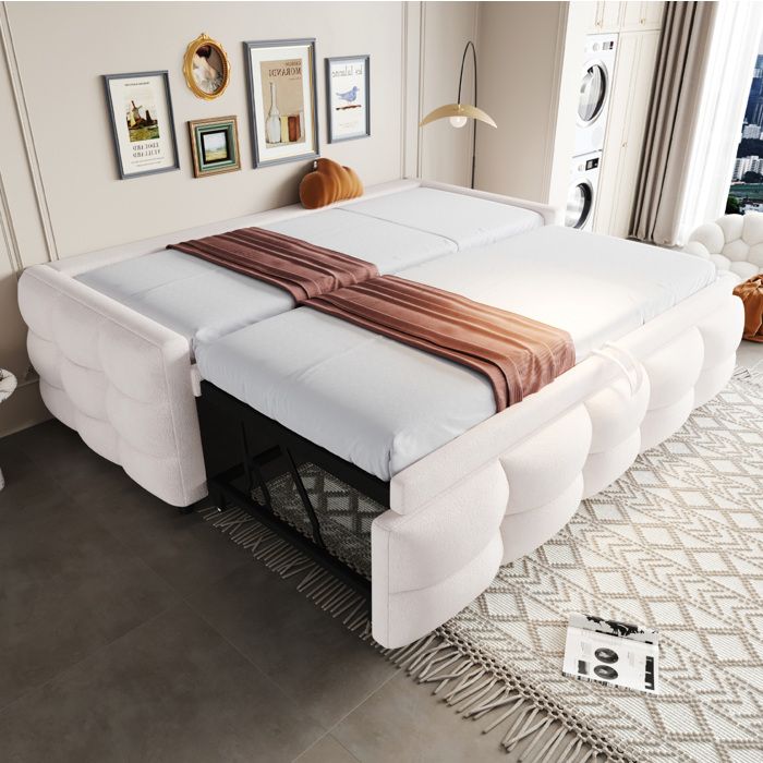 COVREO Lit gigogne extensible 90x190/180x190 cm en tissu teddy beige sommier à lattes inclus sans matelas