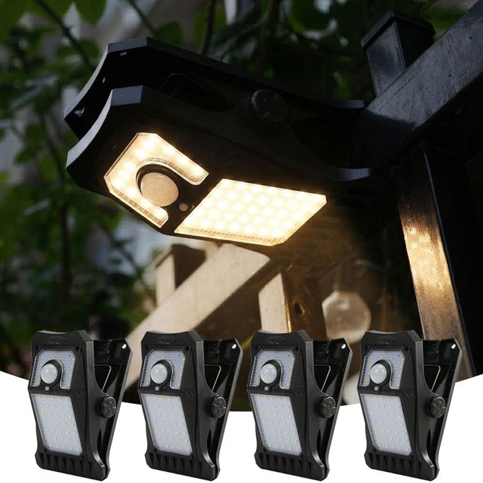 4 Pack Lampe solaire extérieure à pince avec Détecteur de Mouvement Projecteur Solaire Sans Fil pour Jardin Garage lumière chaude