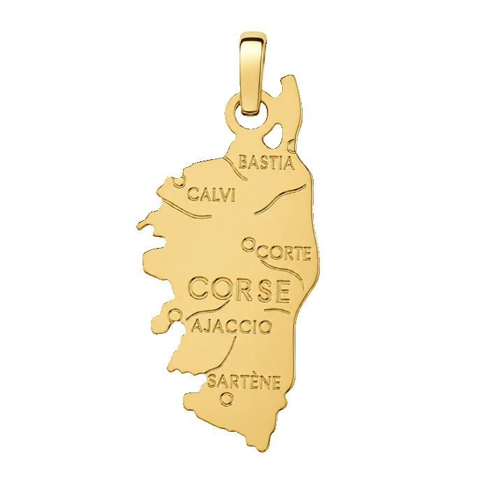 Pendentif Carte de Corse en Plaqué Or 18 Carats - Bijou Régional Mixte - Villes Gravées - Poinçonné - Vendu Seul Sans Chaîne