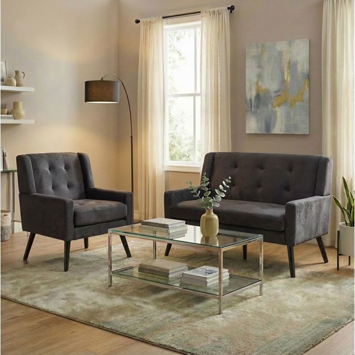 ROVRYN Lot de 2 fauteuils dappoint 119x75x88 cm 1 fauteuil simple et 1 fauteuil double capitonnés tissu gris foncé