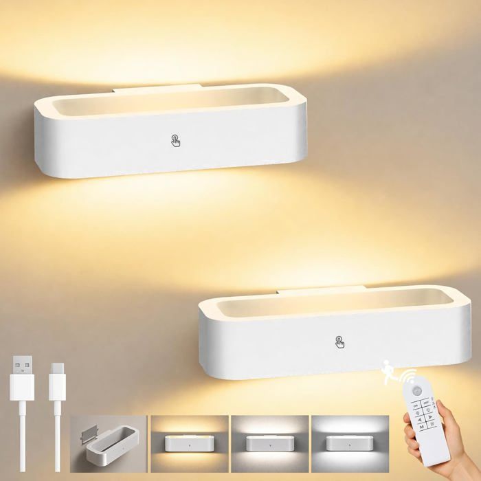 Lot de 2 Appliques Murales LED Sans Fil Rechargeables 20 cm Télécommande RF Détecteur Mouvement Intensité Variable