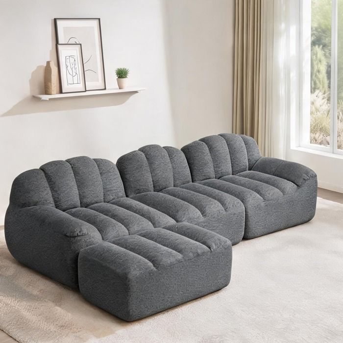 Canapé moelleux sans ossature 3 places + ottoman modulable en tissu polaire granuleux soft gray 288L x 165l x 79H cm