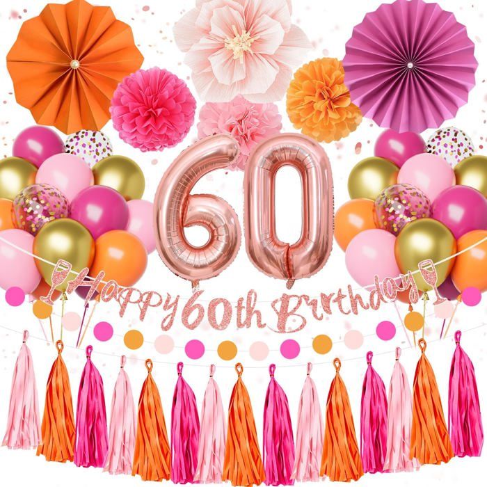 Déco Anniversaire 60 Ans Femme - Ballons Latex 32 Pouces Confettis 30 cm 25 cm Rose Orange Bannière Happy Birthday Pompon Papier