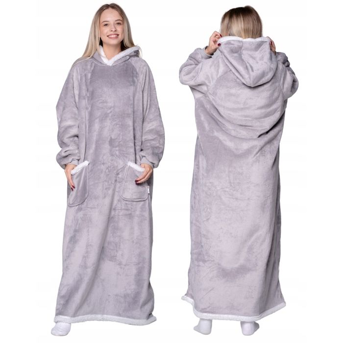 Couverture Plaid Sweat long oversize gris sherpa polaire capuche poche XXL 140 cm Couverture Plaid Sweat long oversize gris sherpa polaire capuche poche XXL 140 cm