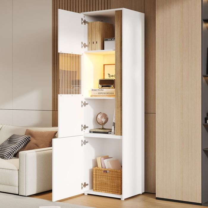 Vitrine LED- meubles de rangement-armoire haute -2 portes- Convient pour les salons-les bureaux et les cuisines-blanc + naturel