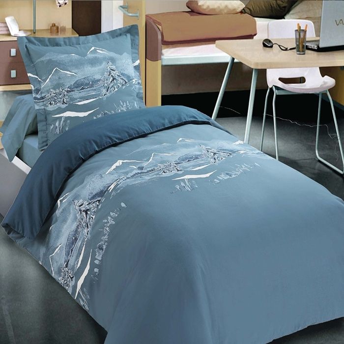 ALPES BLANC - Parure de lit Nuit des Alpes - Motif montagne bleu et blanc 100 % coton taie(s) drap housse et drap plat 90x190 cm ALPES BLANC - Parure de lit Nuit des Alpes - Motif montagne bleu et blanc 100 % coton taie(s) drap housse et drap plat 90x190 cm