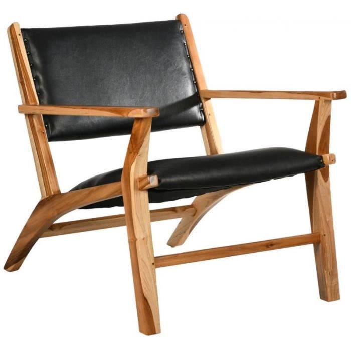 fauteuil en bois de teck avec dossier et assise en cuir achat vente fauteuil cdiscount