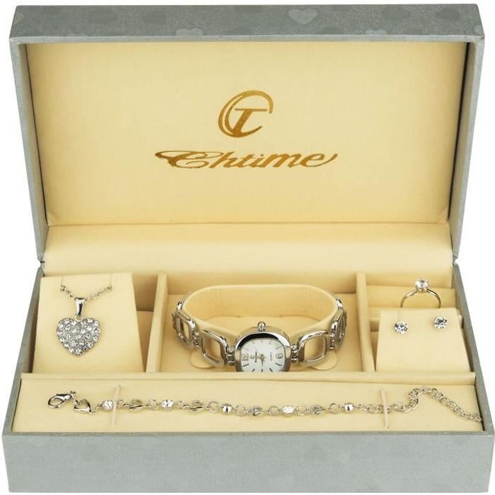 Coffret cadeau Montre Femme Argent- Parure de Bijoux- Collier-Bague- Boucles d oreilles - Bracelet