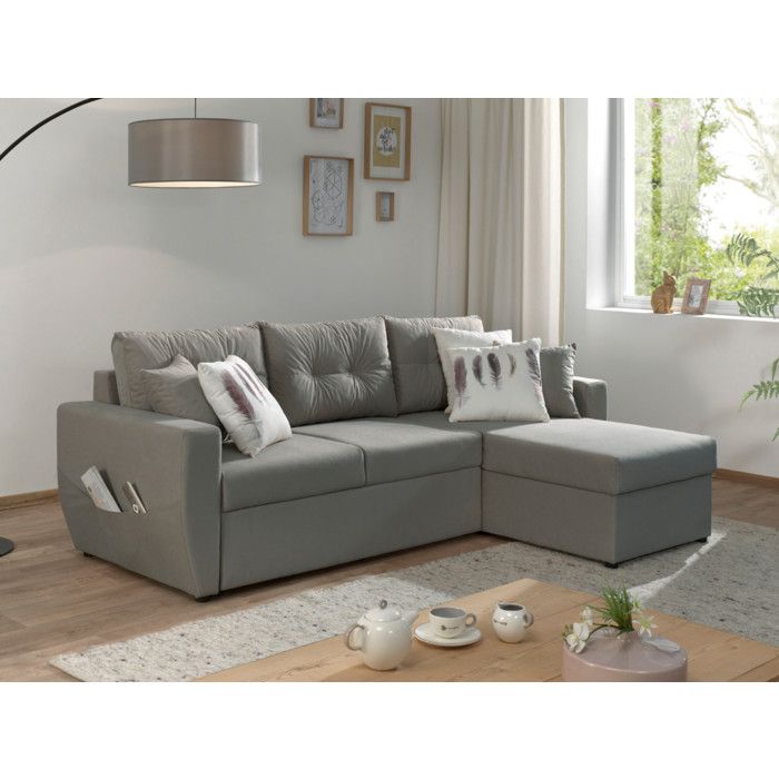 Bestmobilier Canap&eacute; d'angle r&eacute;versible convertible 4 places ASTORIA - Velours Gris clair