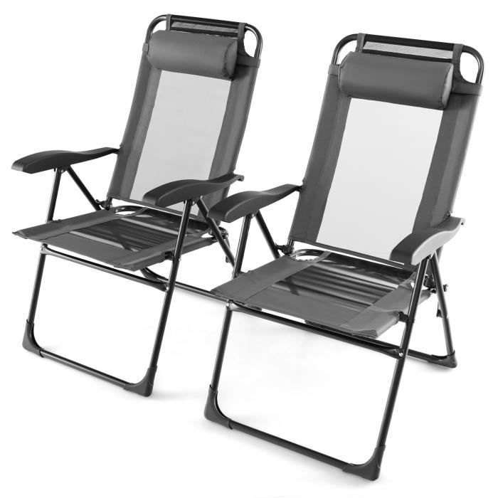 costway lot de 2 chaises longues pliables - dossier réglable, siège respirant - transat bain de soleil - piscine plage jardin - gris