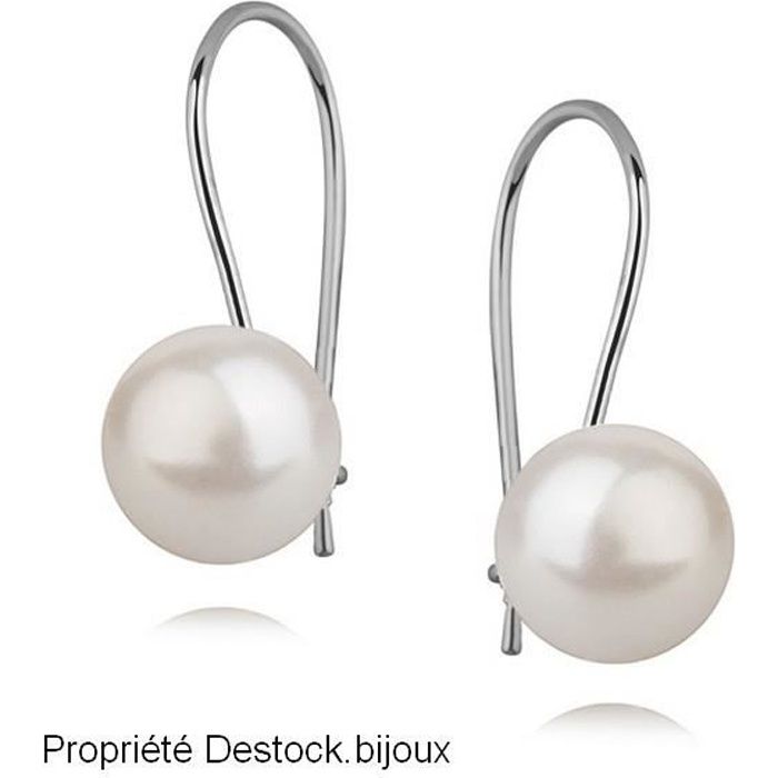 Boucles d'Oreilles Clous Perle de Culture Blanche Argent Massive 925 Coeur 