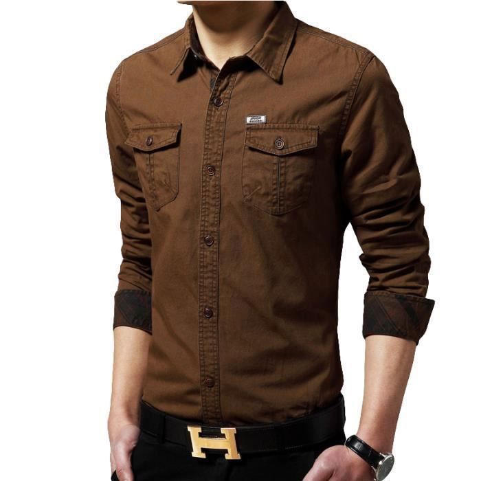 Chemise homme ajustee en coton a manches longues LEOCLOTHO Marron Coupe slim Deux poches Marron Cdiscount Pret a Porter