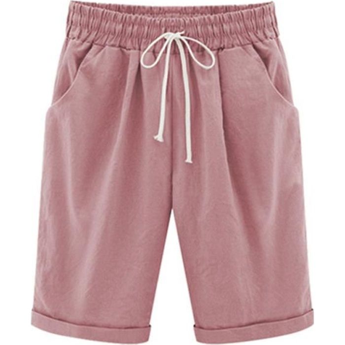 Femme Ete Uni Couleur avec elastique Ceinture de Large Pantalon Bermuda Poche Casual Shorts Rose L