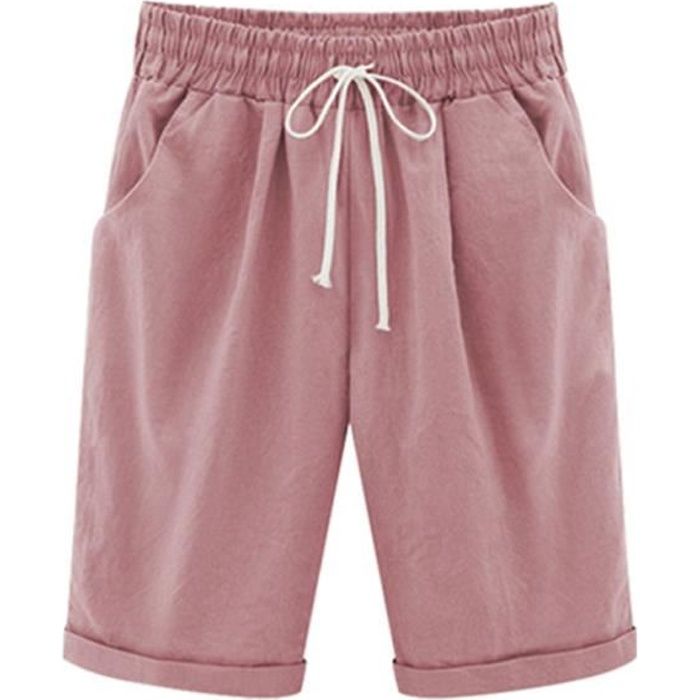 Femme Eté Uni-Couleur avec élastique Ceinture de Large Pantalon Bermuda Poche Casual Shorts Rose L