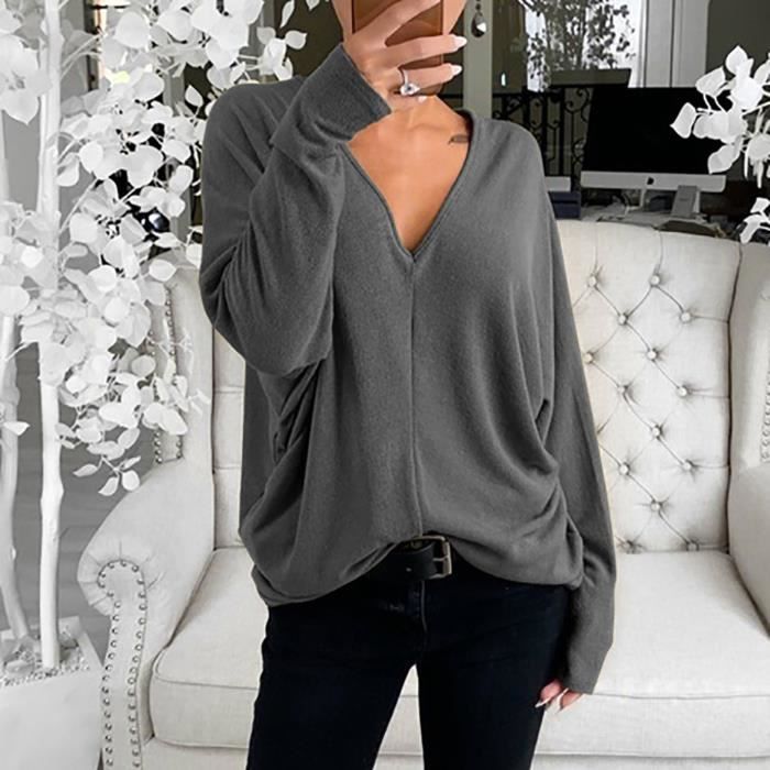 Tunique Femme Pull manches longues d contract col en V uni