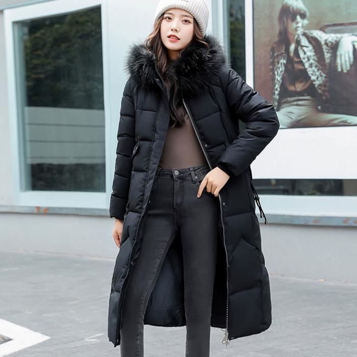 OS manteau femme Veste d hiver chaude sur une fermeture a glissiere a capuche en fourrure plus epaisse Black Noir Cdiscount Pret a Porter